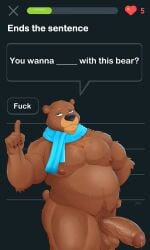 2025 absurd_res anthro balls bear belly bodily_fluids body_hair breasts brown_body brown_fur canid canine chest_hair clothing digital_media_(artwork) duolingo english_text erection facial_hair falstaff_(duolingo) fur genitals hair hi_res jirux looking_at_viewer male mammal mascot muscular muscular_male nipples nude penis profanity scarf simple_background solo tail text topwear