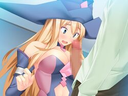 1boy battle_force blonde_hair blue_eyes blush breasts censored character_request cleavage female game_cg hat long_hair navel otono_natsu penis tagme witch witch_hat