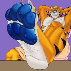 4_toes anthro claws extreme_size_difference feet foot_fetish foot_focus foot_play frosted_flakes group hi_res hos0404 kellogg's male male/male mascot micro nude pawpads paws size_difference soles stuck_to_foot toe_claws toes tony_the_tiger wrinkled_feet wrinkles