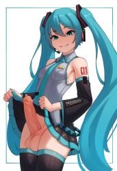 1futa ai_generated altra_x bare_shoulders big_penis blue_eyes blue_hair detached_sleeves futanari hatsune_miku penis precum shirt skirt skirt_lift sleeveless_shirt small_breasts smile solo standing stockings testicles tie twintails veiny_penis