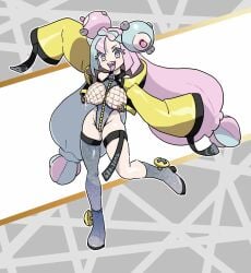 fishnet_topwear fishnets heart-shaped_pupils iono_(pokemon) nikunigushii nipple_penetration nipple_plugs pokemon pokemon_sv