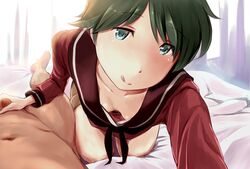 1boy :q blue_eyes blush breasts cleavage down_blouse female green_hair handjob highres kantai_collection kneeling looking_at_viewer lying mogami_(kantai_collection) on_back penis school_uniform serafuku short_hair small_breasts smile solo_focus straight tongue tongue_out wa_(genryusui)