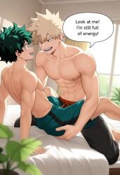 2boys ai_generated bakugou_katsuki english_text gay imminent_sex izuku_midoriya katsuki_bakugou male male/male midoriya_izuku muscular muscular_male my_hero_academia shirtless shirtless_male spiky_hair suggestive_pose toned toned_body toned_male yaoi