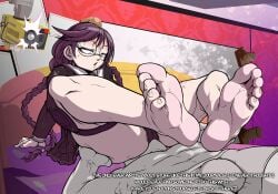 1boy 1girls 2d ass ass_grab barefoot blackened_(danganronpa) blush danganronpa danganronpa:_trigger_happy_havoc danganronpa_(series) danganronpa_1 dialogue facesitting feet female femdom foot_fetish foot_focus footjob fukawa_touko full_color glasses long_hair male newworld9 text twintails