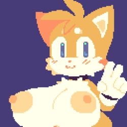 1:1 anthro areola big_breasts blue_eyes blush breasts canid canine clothing female fox gesture gloves hand_gesture handwear hi_res looking_at_viewer mammal nipples nucr4r sega smile smiling_at_viewer solo sonic_the_hedgehog_(series) tails v_sign