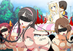 1boy 5girls amagi_brilliant_park areolae armpits arms_up bikini black_hair blindfold blonde_hair blue_eyes blush body_writing bouncing_breasts breasts brown_hair chains collar elbow_gloves femsub flat_chest hairband hanging_breasts harem highres large_breasts latifa_fleuranza legs long_hair multiple_girls nipples nude open_mouth red_hair short_hair sitting slave small_breasts thighs tied_hair trees twintails