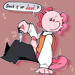 1boy axolotl black_pants chiffon_(sirfluff) dick idk_what_to_tag_it looking_at_viewer penis pink_skin sir_fluff