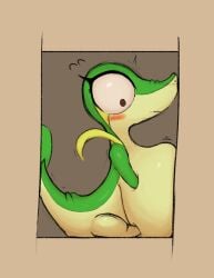 biped huge_breasts keelpowah nintendo pokemon side_view sitting snivy squished_breasts surprised