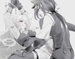 blush blush clorinde_(genshin_impact) clothed_sex genshin_impact hat lesbian_sex navia_(genshin_impact) strap-on sweat teasing thigh_strap tied_hair tied_up work_uniform yuri yuri
