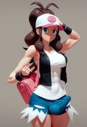 abs ai_generated brown_hair bulge bulge_through_clothing fit futanari hilda_(pokemon) long_hair