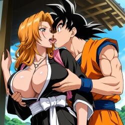 1:1 1boy 1girls ai_generated big_breasts black_hair bleach breast_grab breasts cheating_husband crossover dragon_ball dragon_ball_super dragon_ball_z female goku grabbing grabbing_from_behind groping_breasts horny huge_breasts kissing large_breasts long_hair male matsumoto_rangiku netorare ntr orange_hair outside rangiku seductive sexy son_goku straight tongue_kiss unfaithful