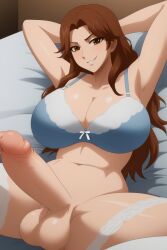 ai_generated anime_style arms_up balls big_balls big_breasts big_penis big_thighs brown_hair futa_only futanari hands_behind_head huge_ass huge_cock large_breasts large_penis lingerie long_hair mature_female mommy penis smile smiling solo solo_dickgirl solo_futa solo_futanari thick thick_penis thighhighs thighs wide_hips