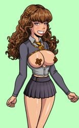 1girls akabur arms_at_sides bandaids bandaids_on_nipples bangs blush blushing blushing_at_viewer breasts breasts_out brown_eyes brown_hair collared_shirt female green_background gryffindor gryffindor_tie hairclip harry_potter hermione_granger lipstick looking_at_viewer miniskirt no_bra pleated_skirt red_tie school_uniform smile smiling smiling_at_viewer standing striped_tie student sweater sweater_lift tagme teeth teeth_showing witch witch_trainer