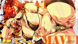 absurdres bikini black_bikini defaultz female genshin_impact highres looking_at_viewer mavuika_(genshin_impact) orange_eyes orange_hair pubic_hair pussy smile solo swimsuit thick_thighs thighs