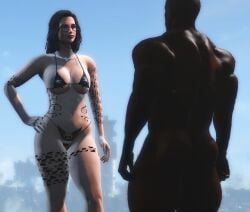 dark-skinned_male fallout_4 glasses micro_bikini nora_(fallout_4) qos qos_tattoo queen_of_spades tattoo