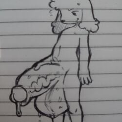 1:1 absurd_res anthro balls big_penis bodily_fluids canid canine canis domestic_dog genital_fluids genitals hi_res huge_cock hyper hyper_genitalia hyper_penis male mammal nervous nucr4r penis precum pubes smile solo traditional_media_(artwork)