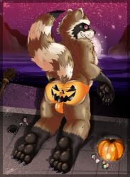 anthro anthro_only arachnid arthropod brown_body brown_fur bulge candy dessert duo feet food fruit fur guardians_of_the_galaxy halloween hi_res holidays insanysage jack-o'-lantern looking_at_viewer looking_back looking_back_at_viewer male mammal markings marvel plant procyonid pumpkin pumpkin_butt raccoon raised_tail rear_view red_eyes ring_(marking) ringed_tail rocket_raccoon smile solo_focus spider striped_markings striped_tail stripes tail tail_markings