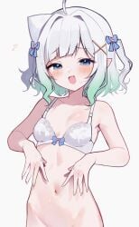 1girls ahoge blue_bow blue_eyes blush bottomless bow bow_bra bra breasts collarbone commentary cowboy_shot densetsu.exe english_commentary female gradient_hair green_hair hair_intakes hair_ornament hairbow half-closed_eyes heart highres indie_virtual_youtuber looking_at_viewer meiwowowo mint_fantome multicolored_hair navel open_mouth pointy_ears short_hair sidelocks simple_background small_breasts smile solo stomach two-tone_hair two_side_up underwear virtual_youtuber vtuber white_background white_bra white_hair x_hair_ornament