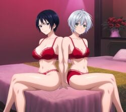 2girls bare_legs bedroom black_hair cleavage large_breasts leaning_back looking_at_viewer medium_breasts red_bra red_panties short_hair silver_hair sitting