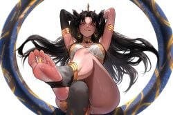 1girls armband armlet armpits ass black_armwear black_hair black_legwear choker crown esmile fate/grand_order fate_(series) feet feet_focus female female_focus female_only foot_fetish gold_armlet gold_earrings gold_jewelry gold_necklace hands_behind_head ishtar_(fate) legs_crossed light-skinned_female light_skin necklace sitting smirk smirking smirking_at_viewer soles solo stirrup_legwear stirrup_stockings toe_ring toes woman_only woman_solo
