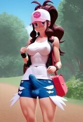 ai_generated brown_hair bulge bulge_through_clothing fit futanari hilda_(pokemon) long_hair medium_breasts medium_penis nipple_piercing nipples toned