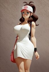 ai_generated blush brown_hair bulge bulge_through_clothing erection erection_under_clothes futanari hilda_(pokemon) large_breasts long_hair nipples penis skinny thin_waist white_dress wide_hips