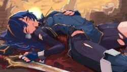 1girls blue_hair closed_eyes defeated defeated_heroine falchion_(fire_emblem) fire_emblem fire_emblem_awakening ishijimajirou lucina_(fire_emblem) lying lying_on_back lying_on_ground nintendo outdoors small_breasts sword thick_thighs thighs torn_clothes