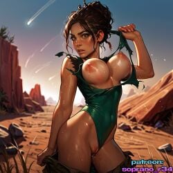 ai_generated big_breasts big_nipples big_thighs blush breasts breasts_out brown_hair curly_hair cyberpunk_(series) cyberpunk_2077 desert female long_hair nipple_tweak nipples panam_palmer pussy pussy_juice ripped_clothing shocked shocked_expression soprano_r34 tits_out wet_pussy