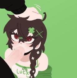 2girls ahoge akemi_akai bangs blowjob blush braid brown_eyes brown_hair clover_hair_ornament flower_in_hair four_leaf_clover green_background green_hoodie hair_between_eyes hairpin large_penis lg lgbt_pride_colors mismatched_pupils offscreen_character original_character pride_colors pupn1k saliva sloppy_blowjob text_on_clothing trans trans_woman transfem white_tank_top