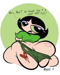 1girls ass black_hair buttercup_(powerpuff_girls) green_eyes hornymustardsauce powerpuff_girls tattoo text thicc