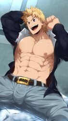 1boy abs bara barazoku blonde_hair gay hands_behind_head kuroshinki light-skinned_male male male_focus male_only mirio_togata muscular muscular_male my_hero_academia nipples pecs solo spread_legs sweat