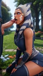 3d ahsoka_tano ai_generated blowjob blue_eyes jedi on_knees open_mouth oral saliva saliva_trail star_wars tongue tongue_out