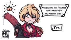 1boy 1girls alternate_version_at_source alternate_version_available armor blonde_hair braided_hair capcom cleavage clothed cock cute dick eleanor_(monster_hunter) female holding_penis horse horse_penis horsecock huge_cock lewd male mizuxtsune monster_hunter monster_hunter_stories monster_hunter_stories_3:_twisted_reflection npc penis precum short_hair tongue_out