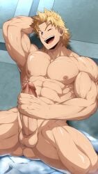 1boy abs alternate_version_available bara barazoku blonde_hair gay hands_behind_head high_resolution highres kuroshinki light-skinned_male male male_focus male_only mirio_togata muscular muscular_male my_hero_academia nipples pecs solo solo_male spread_legs sweat