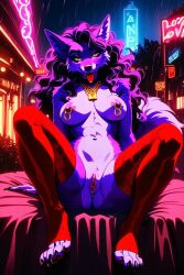 ahe_gao ai_generated city curly_hair five_nights_at_freddy's five_nights_at_freddy's:_security_breach gold_jewelry horny_female necklace neon_lights nipple_piercing purple_fur purple_hair raining red_stockings roxanne_wolf_(fnaf) tail wet_pussy wolf yeetboy67 yellow_eyes