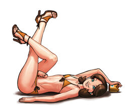 1boy bikini brown_hair clothes crossdressing crown earrings erection femboy girly green_eyes hair high_heels human jewelry light_skin lips looking_at_viewer lying male male_only mario_(series) nintendo on_back onyxaries open_toe_shoes parted_lips penis prince_darcy princess_daisy raised_legs rule_63 simple_background smile solo swimsuit trap uncensored white_background