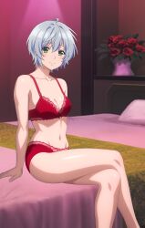 1girls bare_legs bedroom black_hair cleavage large_breasts leaning_back looking_at_viewer medium_breasts red_bra red_panties short_hair silver_hair sitting