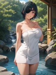 ai_generated ass big_ass big_breasts black_hair chainsaw_man eyepatch himeno_(chainsaw_man) hot_spring huge_breasts isogil onsen short_hair solo towel water