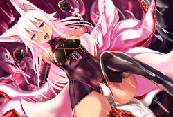 ahe_gao animal_ears biosuit breasts corruption dark_persona elbow_gloves female fox_ears fox_tail gloves haik heart heart-shaped_pupils highres kokonoe_tsubaki living_clothes long_hair multiple_tails nipples open_mouth original purple_eyes restrained rolling_eyes sex solo symbol-shaped_pupils tail tentacle thighhighs white_hair