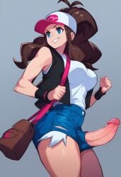 ai_generated brown_hair fit from_side futanari hilda_(pokemon) large_breasts large_penis long_hair smile thin_waist