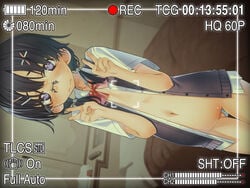 black_hair blue_eyes blush bottomless camcorder camera double_v female freckles glasses highres navel open_clothes open_shirt original recording sakuya_tsuitachi shirt short_hair solo v viewfinder