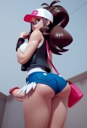 ai_generated ass brown_hair fit from_behind from_below futanari hilda_(pokemon) huge_cock large_penis long_hair