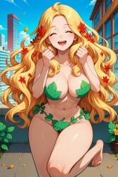 ai_generated blonde_hair breasts closed_eyes eve_(record_of_ragnarok) eve_(shuumatsu_no_valkyrie) fig_leaf flower_in_hair happy human leaf_bikini long_hair nude open_mouth record_of_ragnarok sexy shuumatsu_no_valkyrie smiling_at_viewer