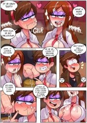 1boy 2girls big_breasts comic comic_page cum cum_in_mouth cumshot dipper_pines gravity_falls humiliation incest landidzu mabel_pines swallowing swallowing_cum wendy_corduroy