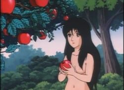 adam_and_eve anime apple belly_button bible breasts christianity eve fruit garden_of_eden godiva_hair holding_object nipples nude nude_female screencap