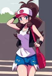 ai_generated blush brown_hair bulge bulge_through_clothing fit futanari hilda_(pokemon) long_hair sweat