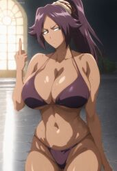 1girls ai_generated aimhoen almost_naked artist_name big_breasts bleach colored dark-skinned_female dark_skin detailed_background disgusted disgusted_expression disgusted_face female_only light_through_window long_hair middle_finger patreon ponytail purple_bra purple_hair purple_panties shihouin_yoruichi solo_female sweat thick_thighs uncensored voluptuous voluptuous_female window yellow_eyes