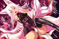 animal_ears biosuit breasts corruption dark_persona elbow_gloves female fox_ears fox_tail gloves haik heart heart-shaped_pupils highres kokonoe_tsubaki living_clothes long_hair multi_tail nipples open_mouth original red_eyes restrained sex solo symbol-shaped_pupils tail tails tentacle thighhighs torogao white_hair