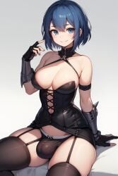 ai_generated blue_eyes blue_hair bulge bulge_through_clothing futanari large_breasts short_hair thigh_strap thighhighs thighs