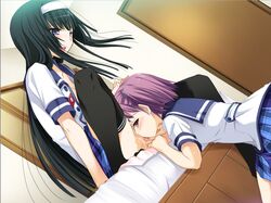 2girls blue_eyes blush clothed clothing cunnilingus female game_cg green_hair hand_on_another's_head hand_on_head hime_cut long_hair looking_at_another multiple_girls nakajima_yuka open_clothes open_eyes open_shirt oral purple_hair pussy_juice sailor_collar short_hair skirt skirt_lift spread_legs thighhighs tongue very_long_hair yuri